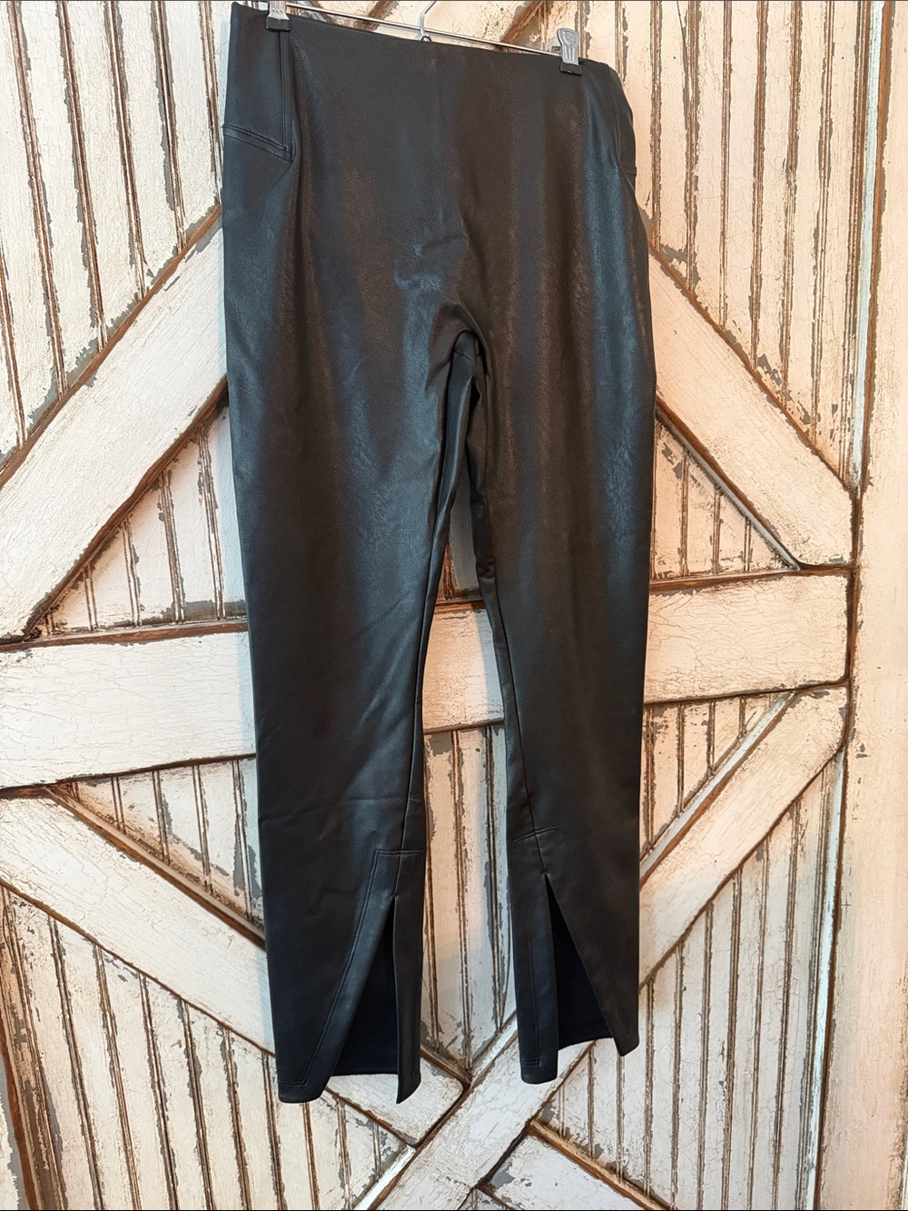 SPANX Black Faux Leather Leggings with Front Ankle Slits